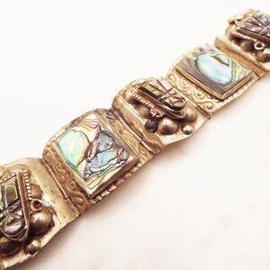 HECHO EN MEXICO - EAGLE HEAD DFS MAYAN AZTEC HEADS & INLAY ABALONE BRACELET 40A
